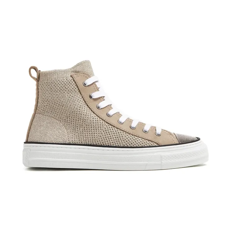 Brunello Cucinelli Metallic gebreide sneakers met monilikralen – Beige (MZ34G2619)