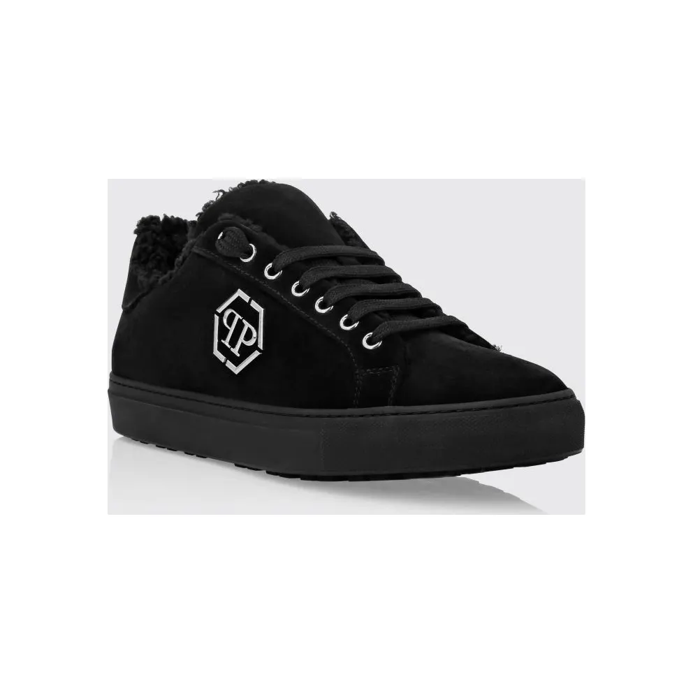 Philipp plein Low-Top Leather and Suede Sneakers with Hexagon Logo and Shearling Lining Black (AACSMSC3873PFU020N02)