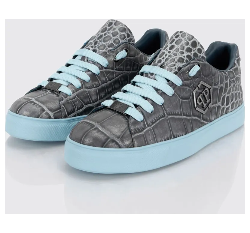 Philipp plein Crocodile-Print Leather Low-Top Sneakers with Hexagon Logo Turquoise (FAFSUSC1030PLE010N08)