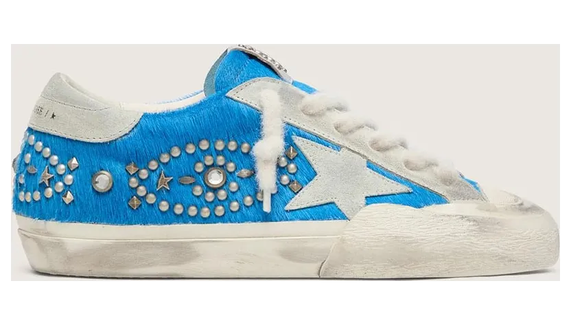 Golden Goose Women’S Super-Star Lab In Bright Blue Pony Skin With Suede Star And Studs (GWF01095.F008481.50588)