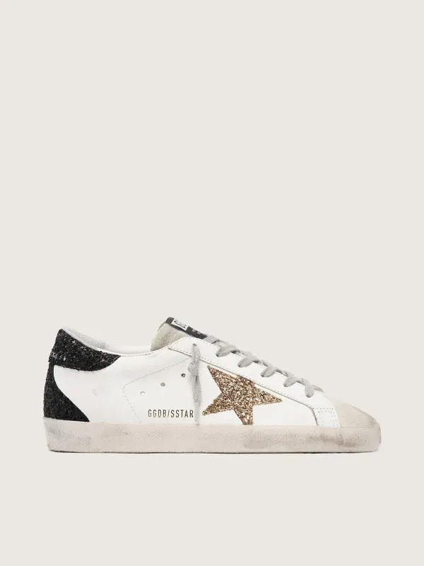 Golden Goose Women’S Super-Star In Nappa Leather With Gold Glitter Star And Black Glitter Heel Tab (GWF00102.F000959.80724)