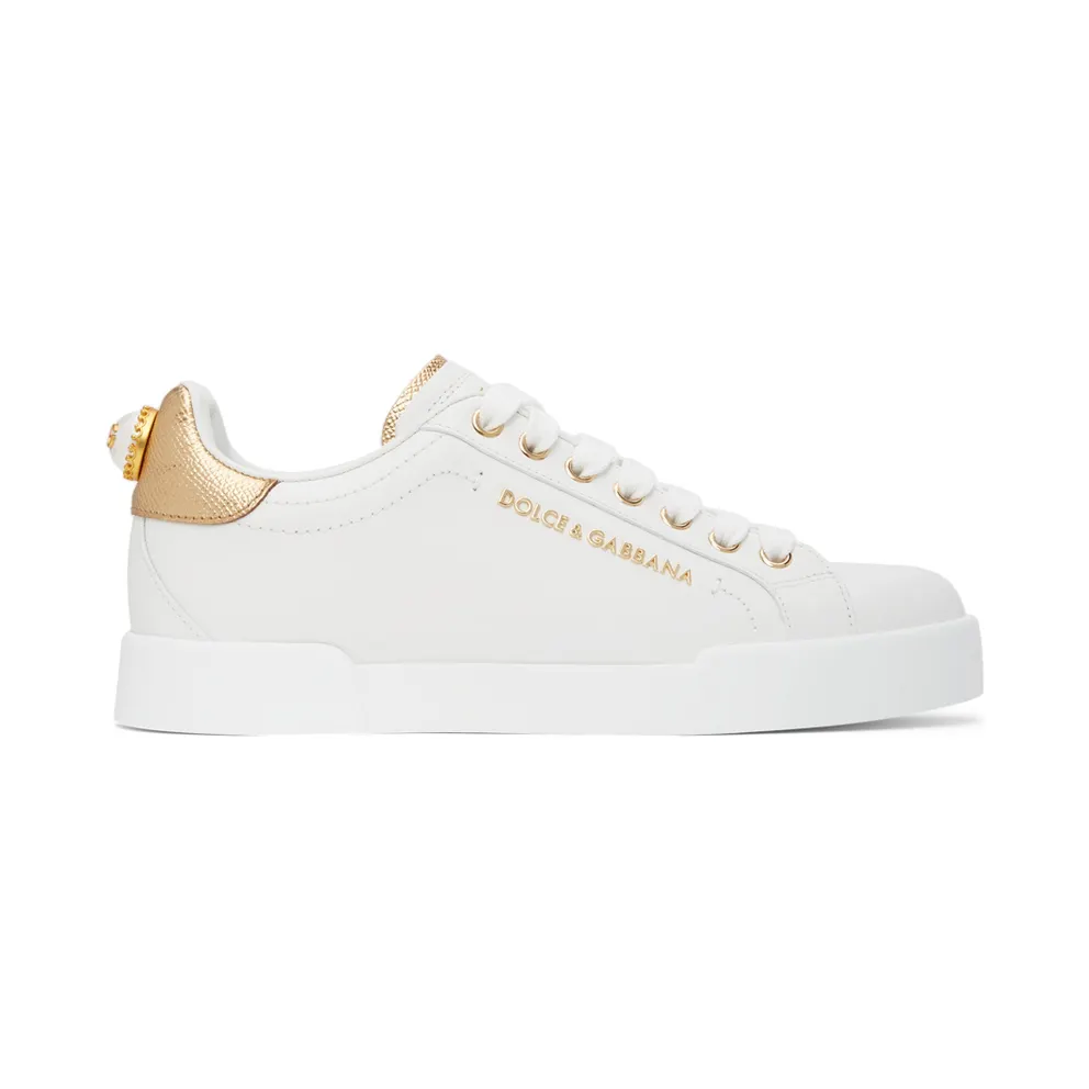 Dolce and Gabbana White and Gold Pearl Portofino Sneakers (CK1602 AN298)