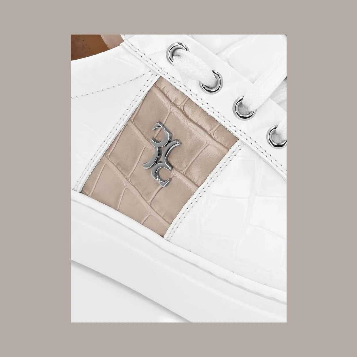 Billionaire Croc-Effect Leather Low-Top Trainers with Metallic Logo White 1 (RAESMSC4066BLE001N0106) (3)