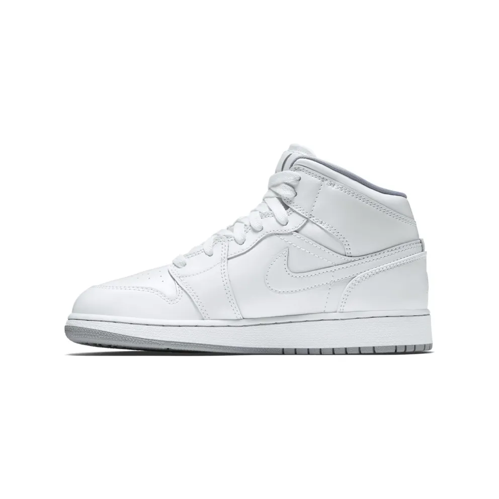 Jordan 1 Mid White (GS) White/White-Wolf Grey (554725-112)