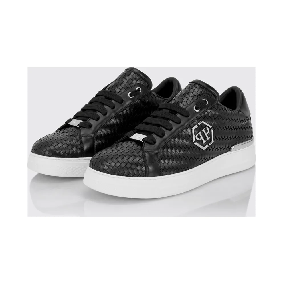 Philipp plein Woven Leather Low-Top Sneakers with Hexagon Logo Black (FAFSMSC4090PLE010N02)