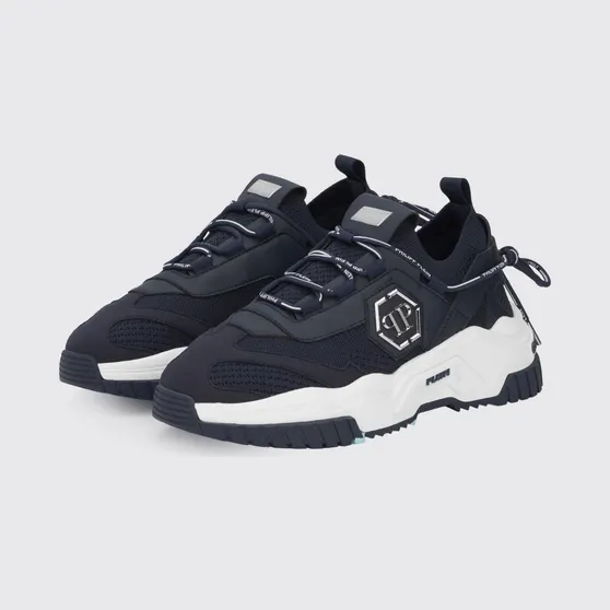 Philipp plein Low-Top Sneakers in Crochet Knit and Leather with Metallic Hexagon Logo Blue (FABSUSC0248PTE003N24)