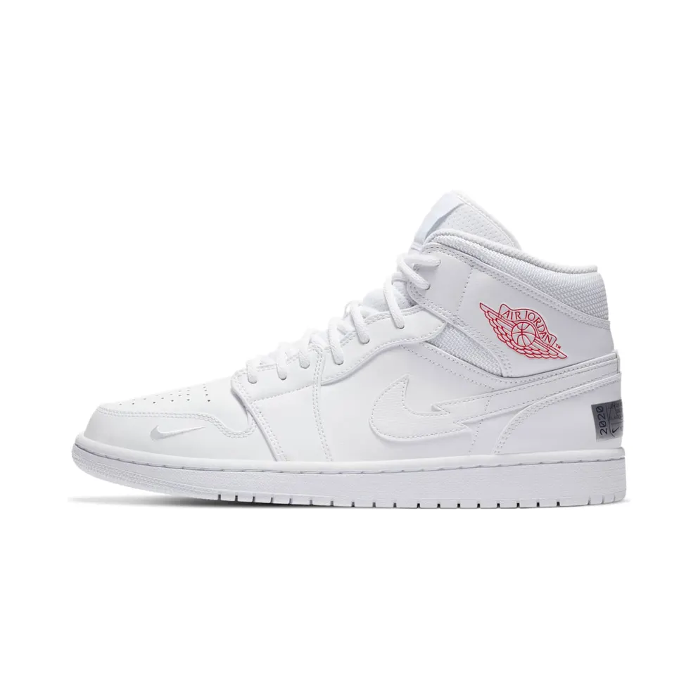 Jordan 1 Mid SE Nike Swoosh On Tour (2020) White/White-Gym Red-White (CW7589-100)