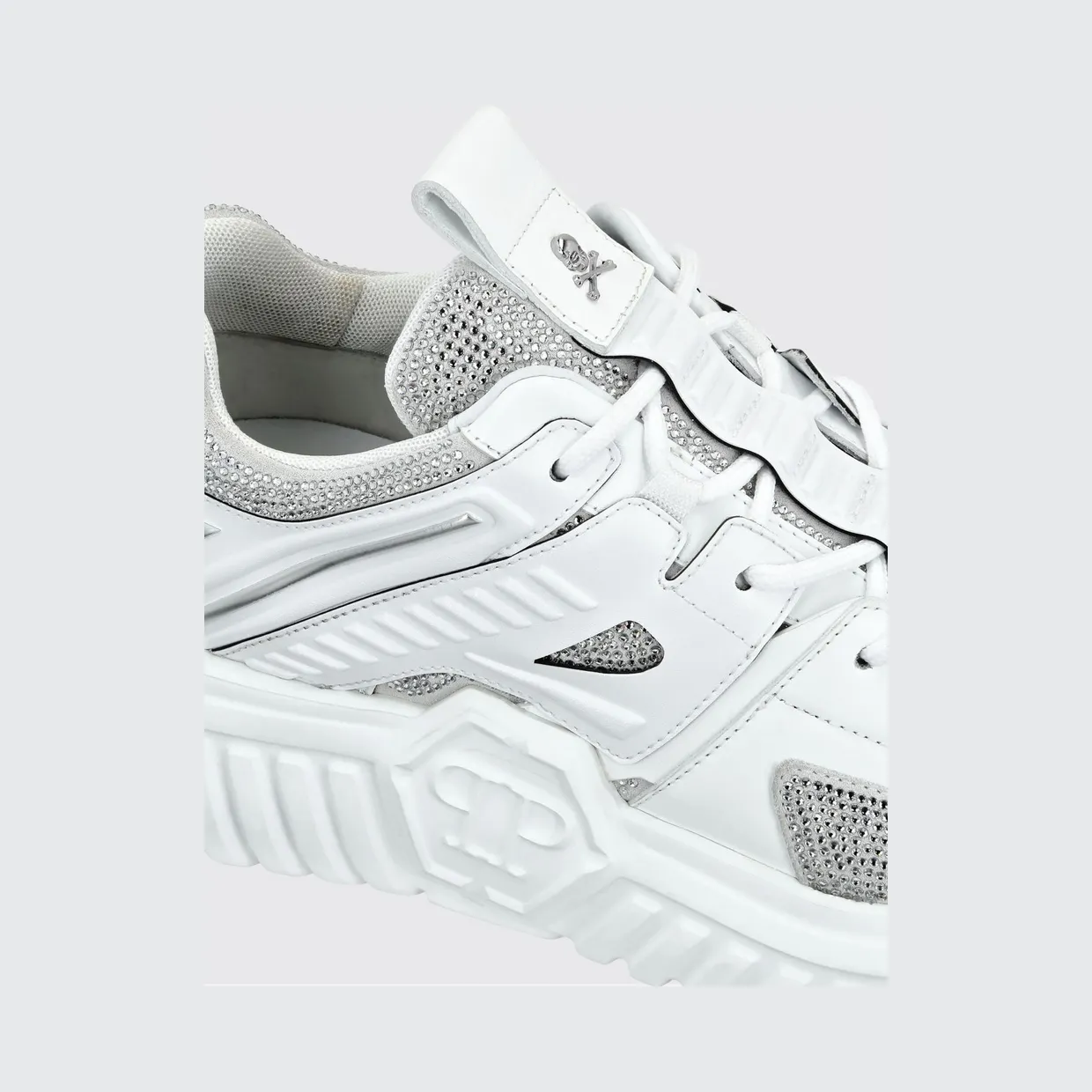 Philipp plein Leather Low-Top Sneakers with Rhinestones and Hexagon Logo White (PACSUSC0463PLE075N01) (2)