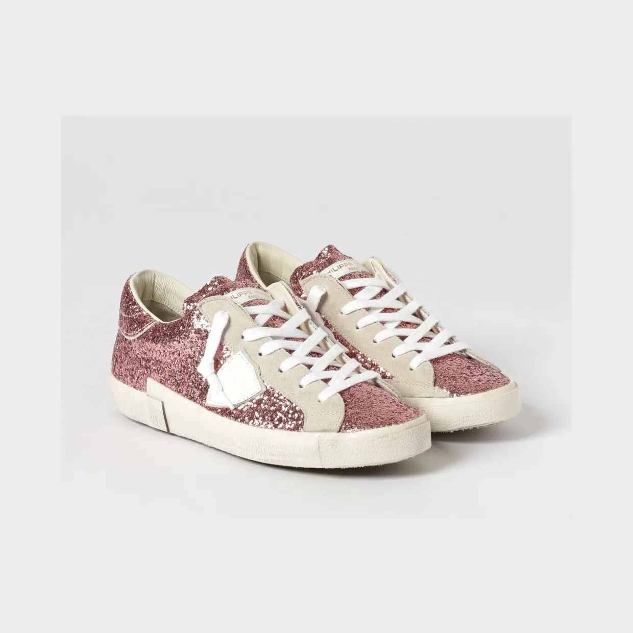 Philippe Model Low-Top Sneakers in Leather and Fabric with Glitter and Embroidery Pink (PRLDGG06)