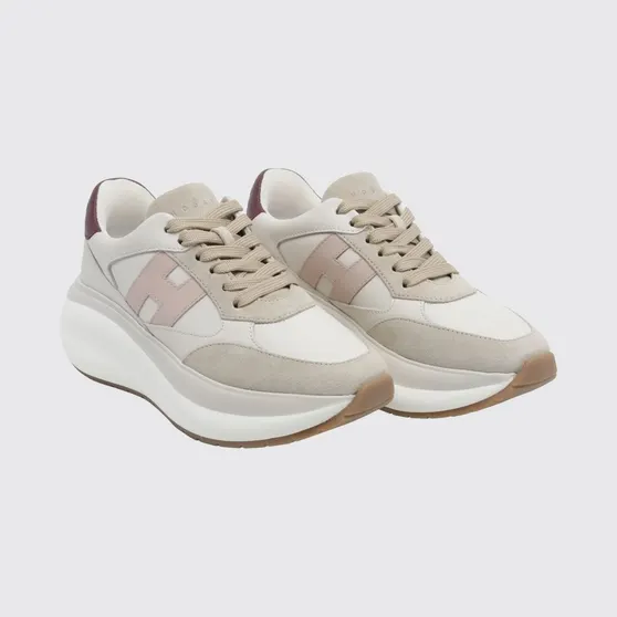 Hogan Maxi I Active Leather and Suede Trainers with H Logo and Chunky Sole Beige (HXW7140GA40UHC0R1T)
