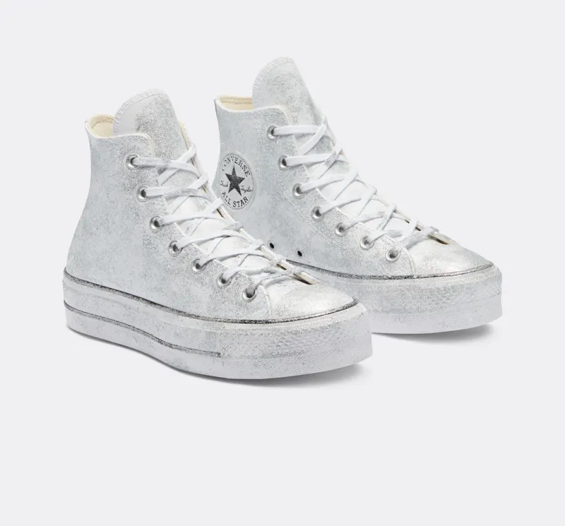 Converse Chuck Taylor All Star Lift Platform Luxe Leather Silver Glitter