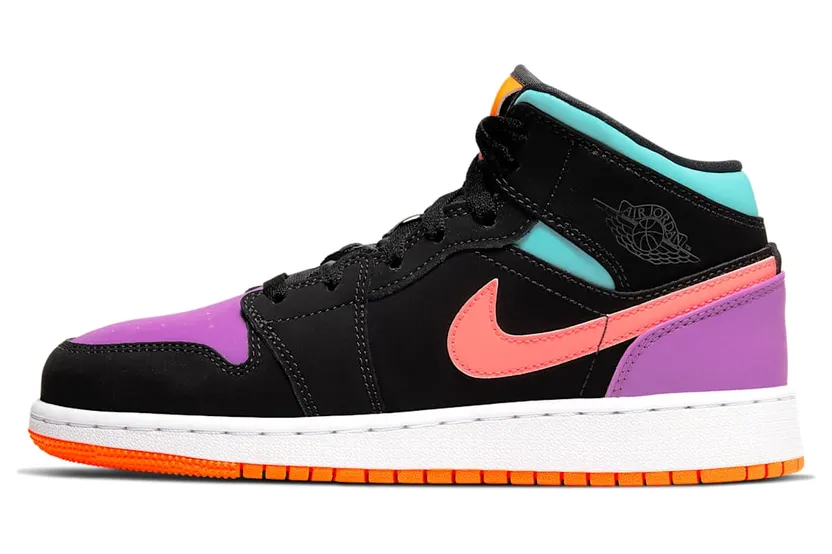 Jordan 1 Mid Multi-Color (GS) “Black / Aurora Green / Hyper Violet / Total Orange” (554725-083)