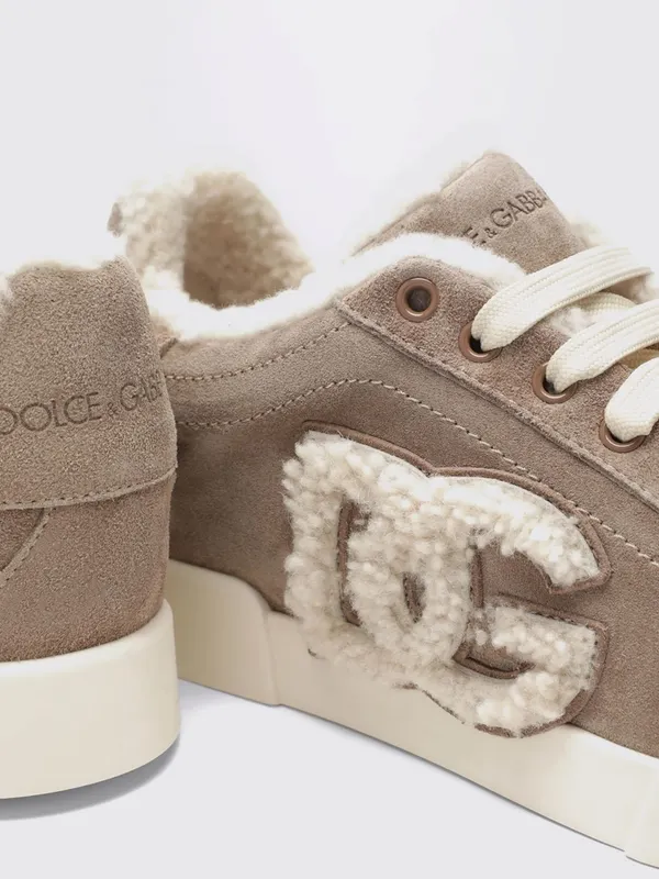 Dolce & Gabbana Low-Top in Shearling and Suede with DG Monogram Mud (CK2374AJ2228W065)