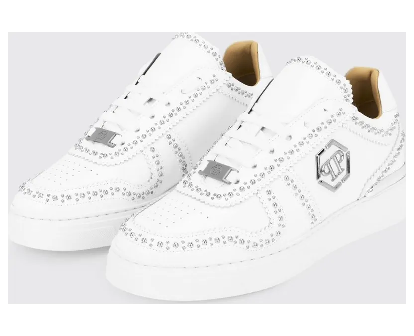 Philipp plein Brushed Leather Low-Top with Embroidered Monogram White (FADSMSC3980PLE010N01)