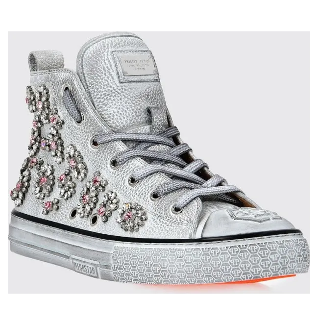 Philipp plein Grained Leather High-Top with Rhinestones and Hexagon Logo White (FAASWSC2177PLE010N01)