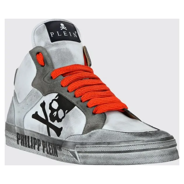 Philipp plein High-Top Skull in Leather and Suede with a Worn Effect White 1 (UAESUSC0890PLE005N0186)