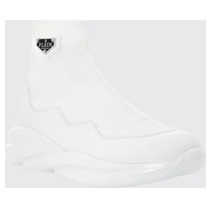 Philipp plein High-Top Slip-On with a Sock Design and Leather Inserts White (LABSUSC0466PTE120N01)