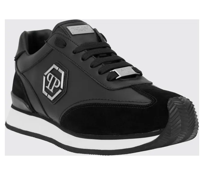 Philipp plein Leather and Suede Low-Top with Hexagon Logo and Monogram Black (UAFSUSC1074PLE005N02)