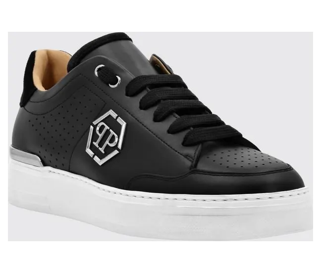 Philipp plein Leather Low-Top with Monogram Pattern and Applied Hexagon Logo Black (SADSUSC0538PLE022N02)