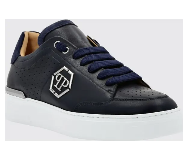 Philipp plein Leather Low-Top with Monogram Pattern and Applied Hexagon Logo Blue (SADSUSC0538PLE022N14)