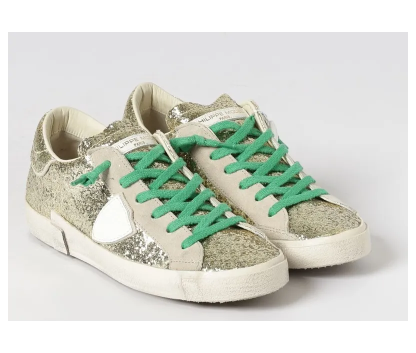 Philippe Model Low-Top in Leather and Fabric with Glitter and Embroidery Gold (PRLDGG08)