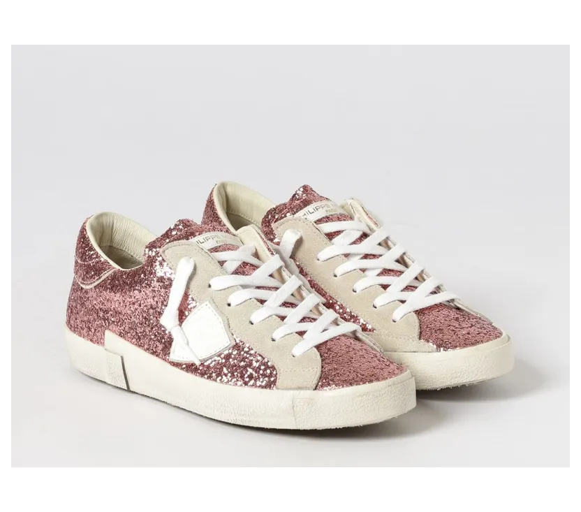 Philippe Model Low-Top in Leather and Fabric with Glitter and Embroidery Pink (PRLDGG06)