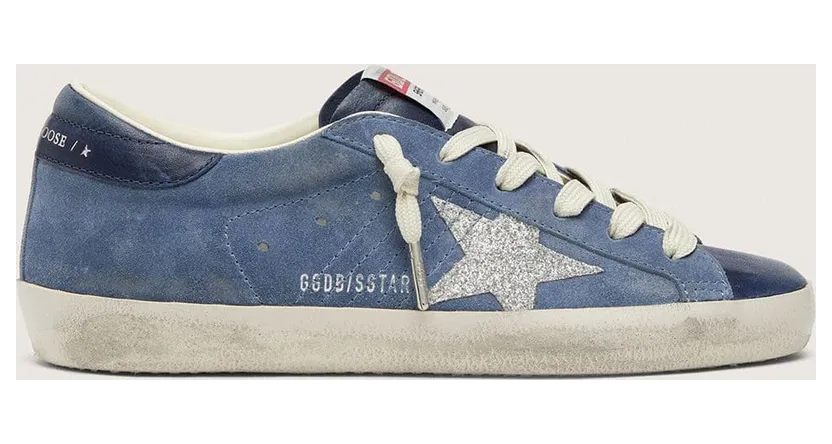 Golden Goose Women’S Super-Star In Denim-Blue Suede With Silver Glitter Star (GWF01002.F008569.51122)