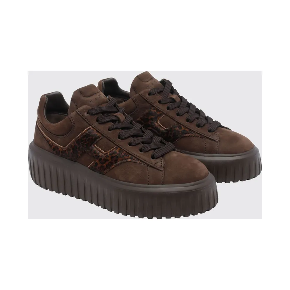 Hogan H-Stripes Platform Sneakers in Leather and Pony Hair with Animal Print Brown (HXW6450FE9AVH80R1D)