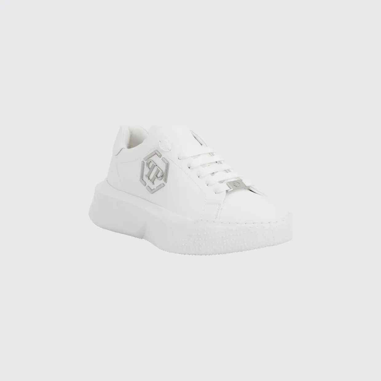 Philipp plein Low-Top Leather Sneakers with Hexagon Logo and Platform Sole White (UAFSUSC1081PLE010N01)