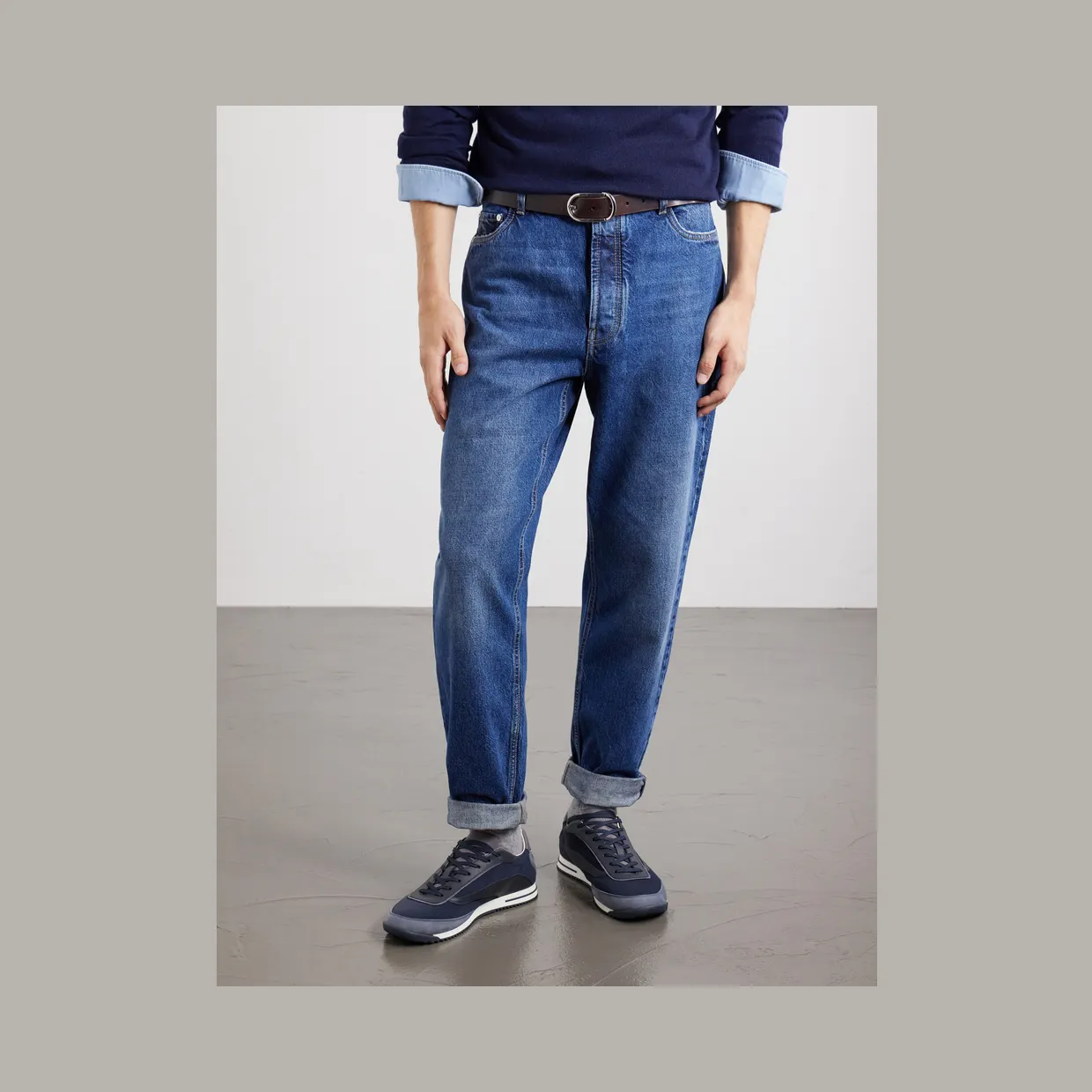 Brunello Cucinelli Suede and Leather-Trimmed Shell Sneakers Navy (MZUGNIA357) (2)