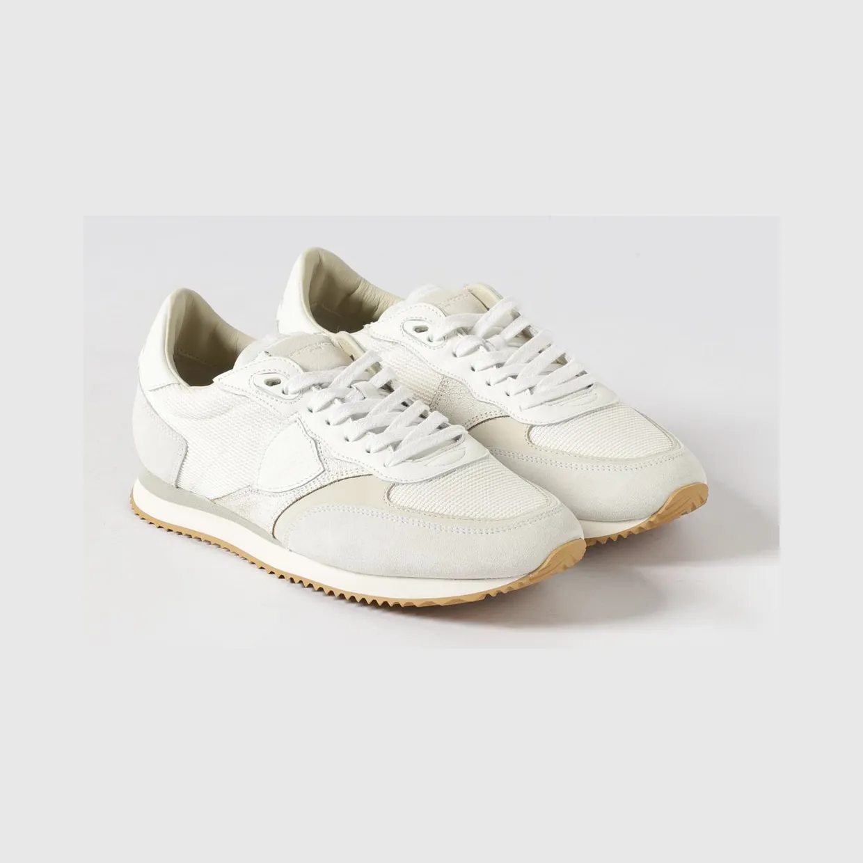 Philippe Model Low-Top Sneakers in Calf Leather and Mesh with Laminated Logo White (BVLUW001)