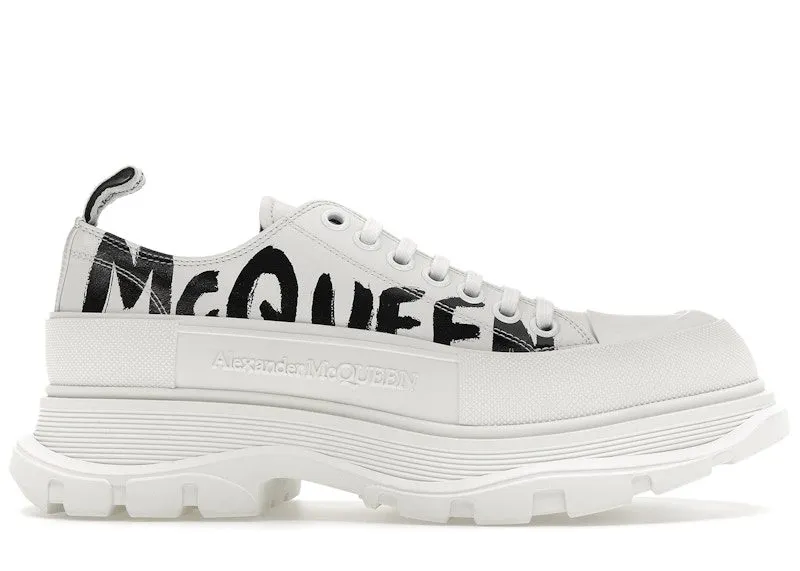 Alexander McQueen Tread Slick Low Lace Up Leather Graffiti White Black White (682423WIABD9488)