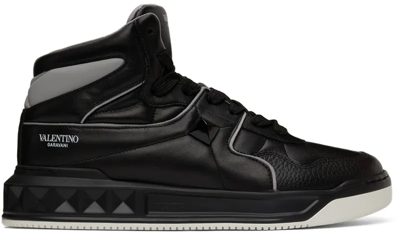 Valentino Garavani Black & Grey Nappa One Stud Sneakers (XY2S0E63NWN)
