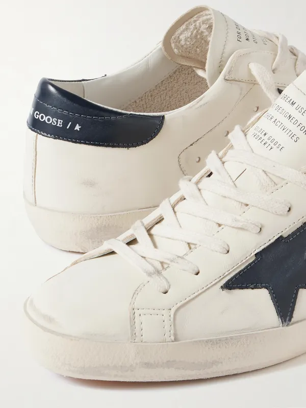 Golden Goose Super-Star Distressed Glossed-Trimmed Leather Sneakers Beige (GMF00101.F004164) (5)