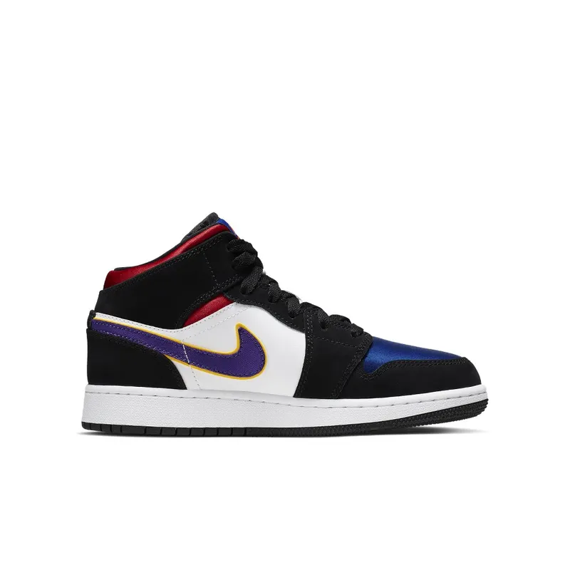 Jordan 1 Mid Lakers Top 3 (GS) Black/Field Purple-White-Gym Red-Rush Blue-Amarillo (BQ6931-005)