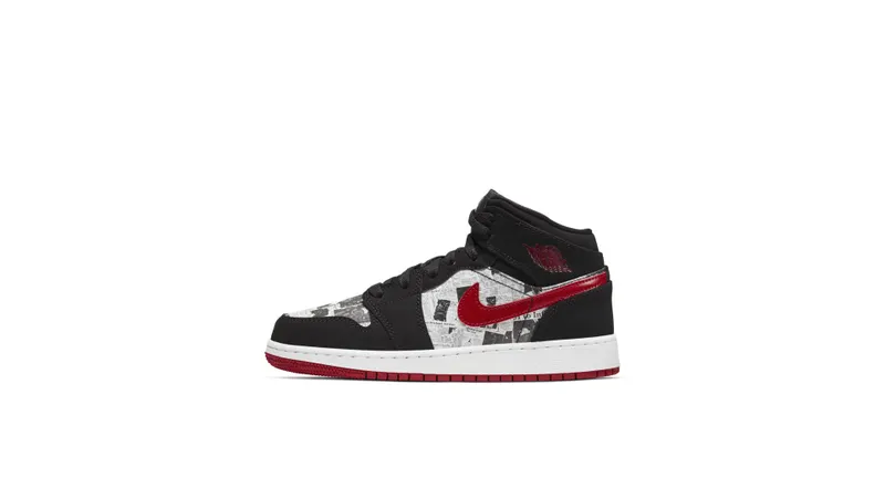 Jordan 1 Mid Newspaper Air Times (GS) Black/Gym Red-White (BQ6931-061)
