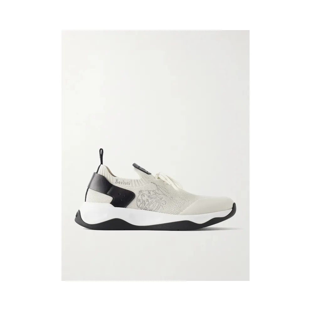 Berluti Shadow Logo-Embroidered Leather-Trimmed Stretch-Knit White (S6610-008)