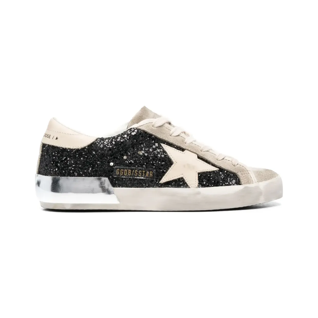 Golden Goose Super-Star in black glitter with cream star and suede inserts “Black” (GWF00587F004683)