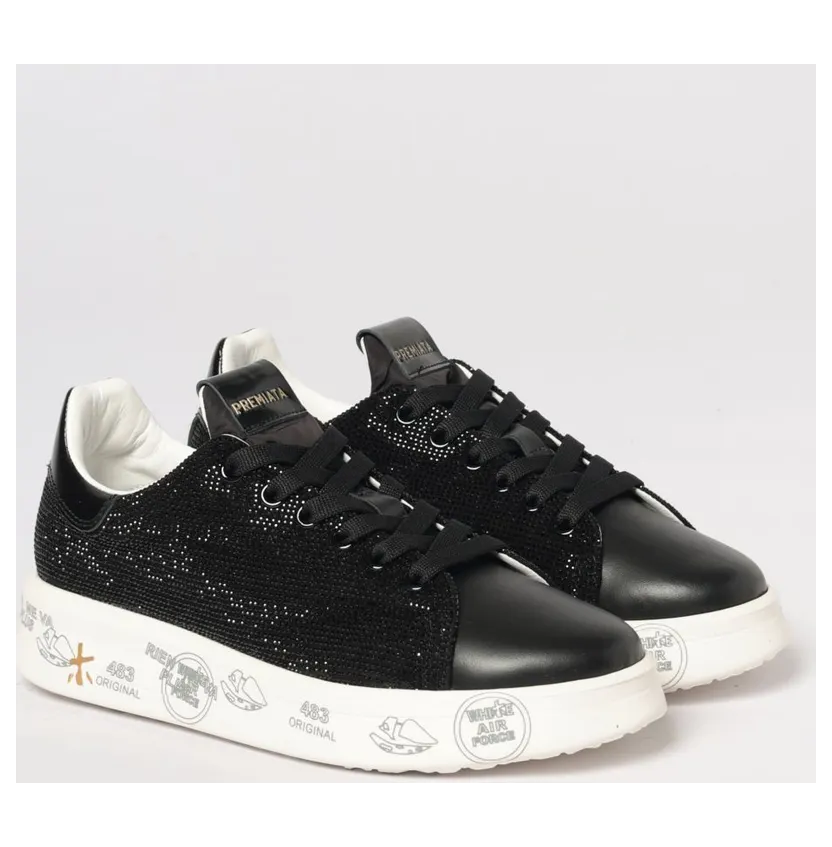 Premiata Belle Leather Sneakers with Rhinestones Black (BELLE7813)