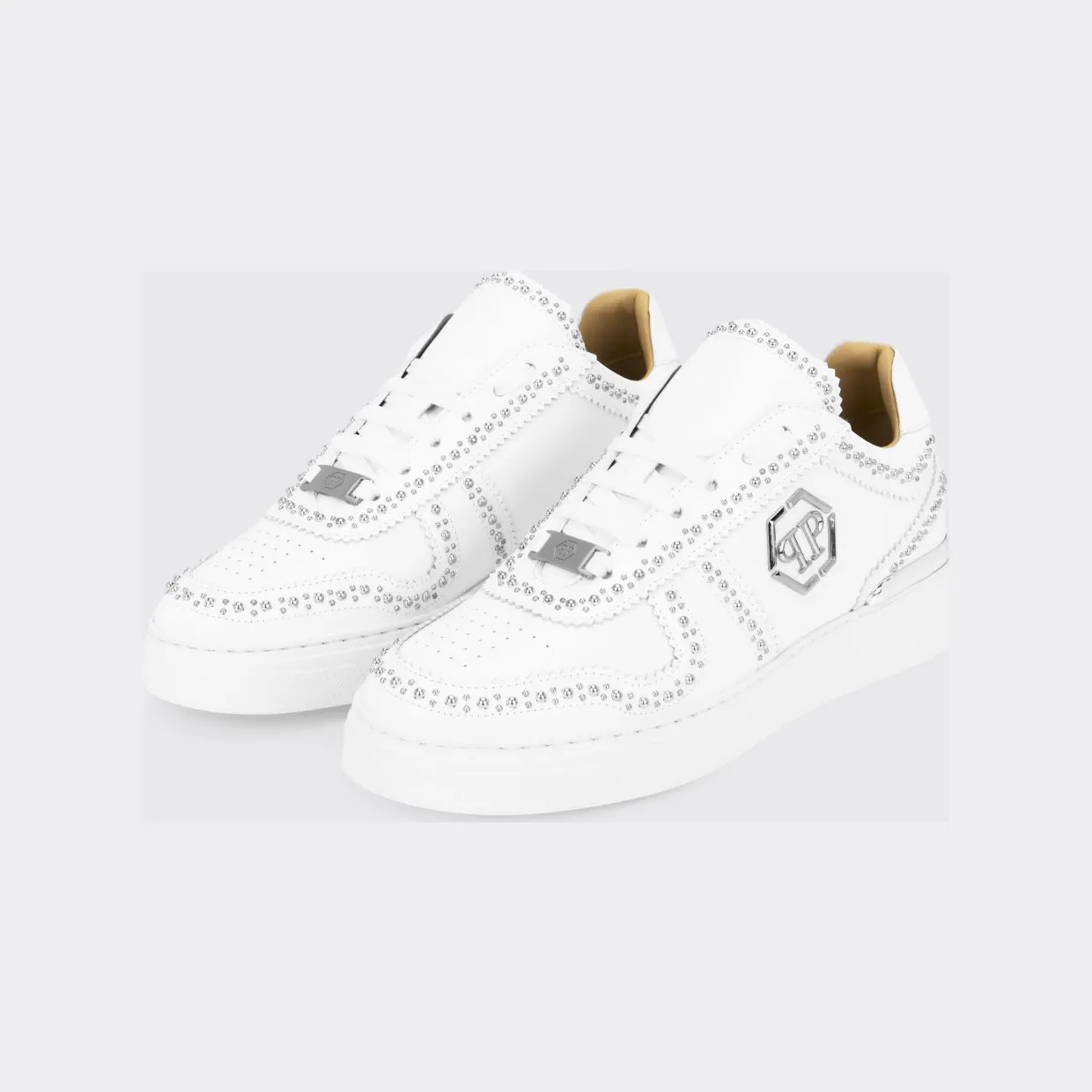 Philipp plein Brushed Leather Low-Top Sneakers with Embroidered Monogram White (FADSMSC3980PLE010N01)