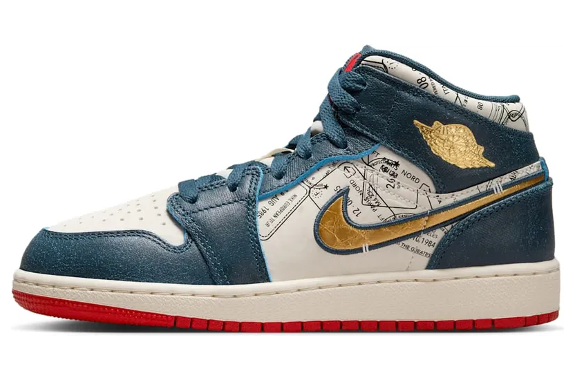 Nike Air Jordan 1 Mid Pink Wash (GS) “Armoury Navy / Pale Ivory / Sport Red / Metallic Gold” (FN1353-400)