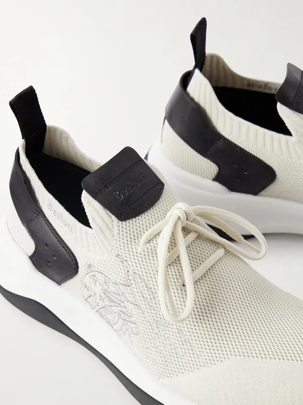 Berluti Shadow Logo-Embroidered Leather-Trimmed Stretch-Knit White (S6610-008)