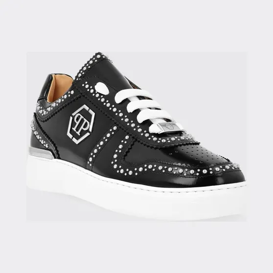Philipp plein Brushed Leather Low-Top Sneakers with Embroidered Monogram Black (FADSMSC3980PLE010N02)
