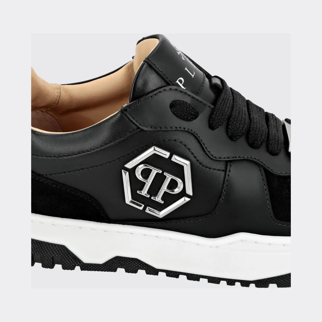 Philipp plein Low-Top Leather and Suede Sneakers with Hexagon Logo Black (SADSUSC0545PLE010N02) (2)