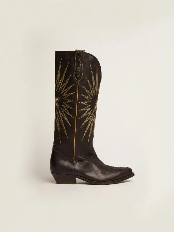 Golden Goose Wish Star Boots In Black Leather With Platinum Laminated Leather Inlay Star (GWF00135.F000571.90100)