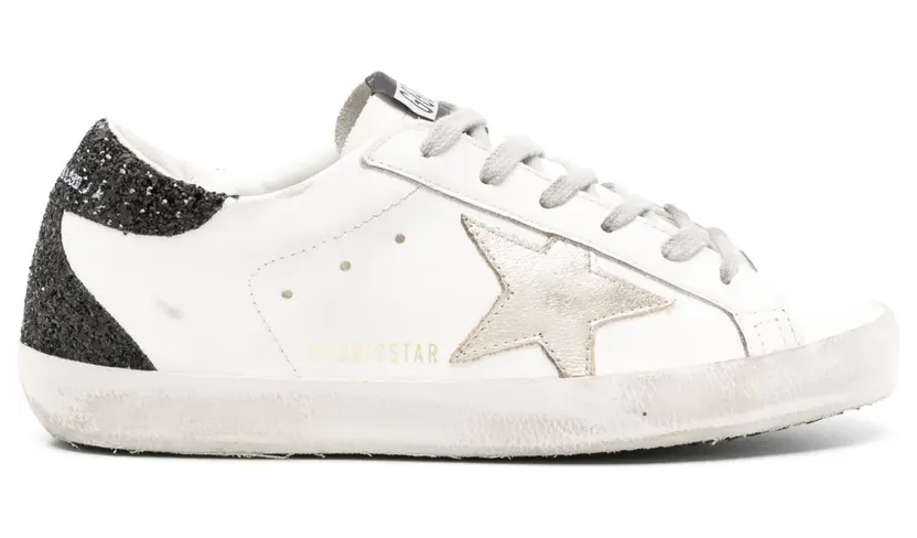 Golden Goose Super-Star mit goldfarbenem Stern und schwarzem Glitter-Absatz “White” (GWF00102F005076)