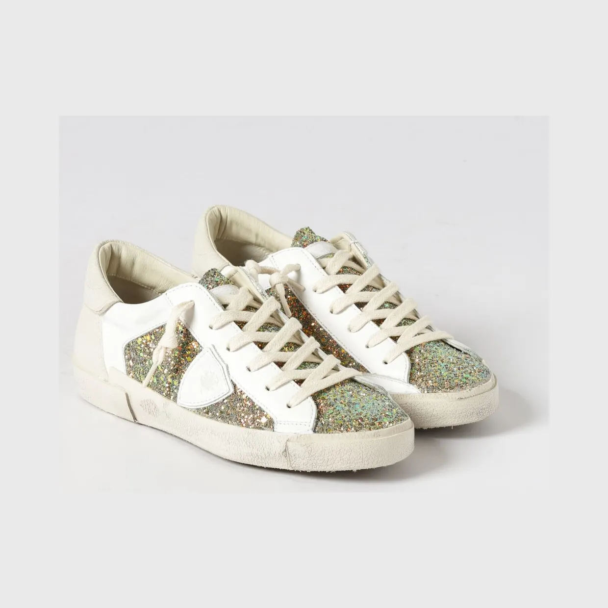 Philippe Model Low-Top Sneakers in Calf Leather and Fabric with Glitter Inserts Gold (PRLDGA05)