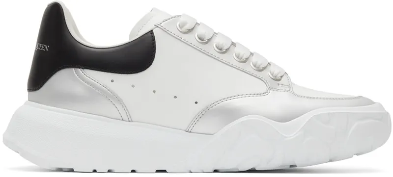 Alexander McQueen White & Silver Court Trainer Sneakers (662663WIA96)