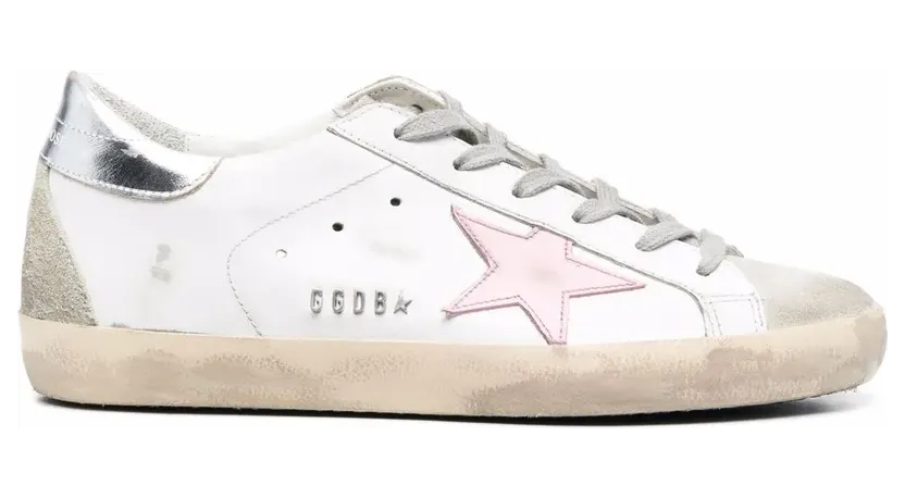 Golden Goose Super-Star mit pinkem Stern und silberfarbenem Absatz “White” (GWF00102F002435)
