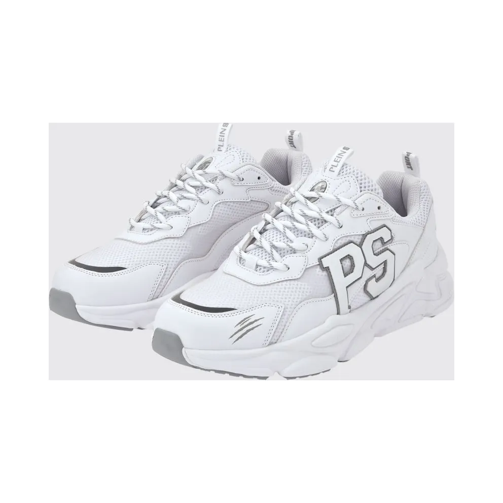 Plein Sport Low-Top in Leather and Mesh with Contrast Monogram White (SADSUSC0611STE003N0101)